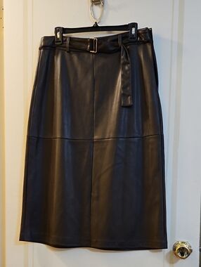 Marc New York,  Andrew Marc Faux Leather Chocolate Brown Midi Skirt with Belt